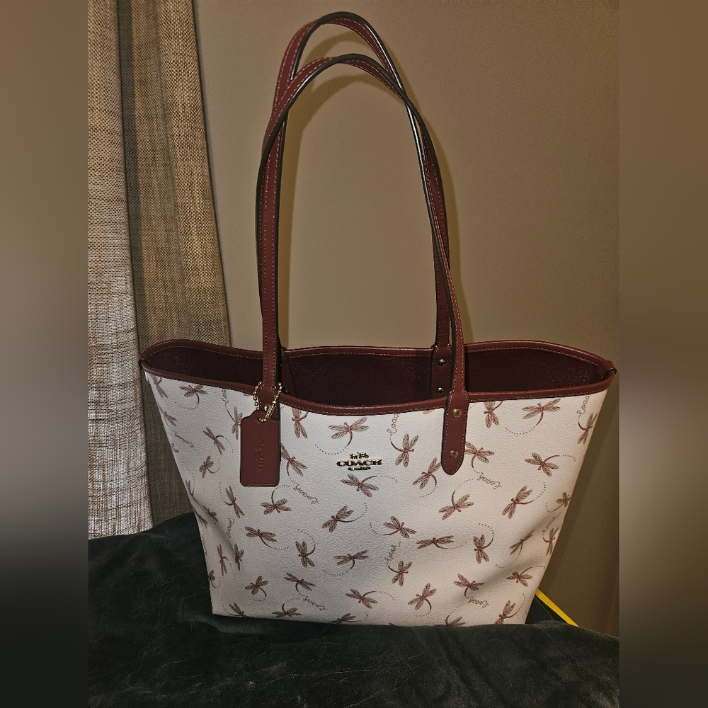 Coach Cream and Burgundy Reversible Dragonfly Tote